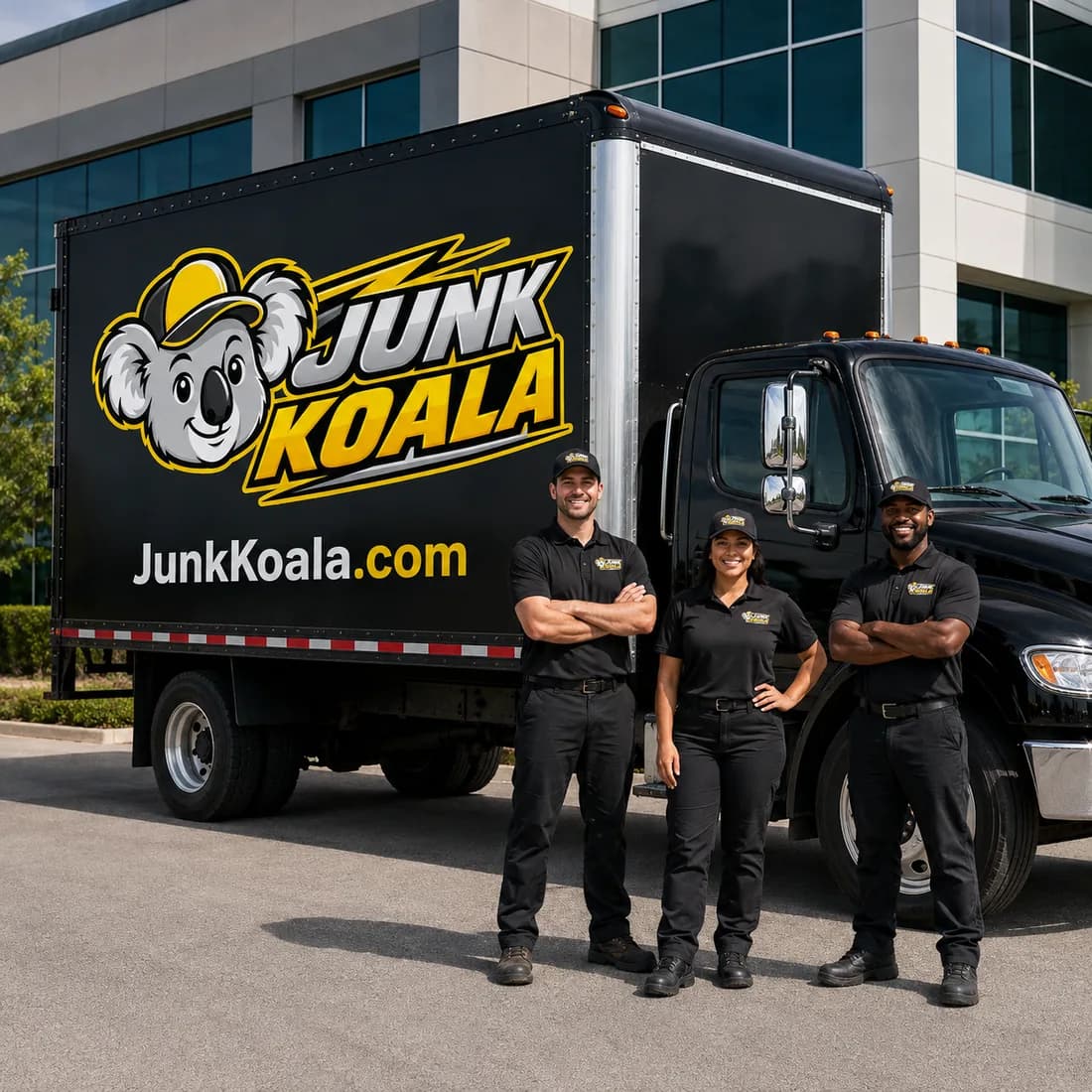 Three uniformed Junk Koala team members ready to start a residential cleanout.