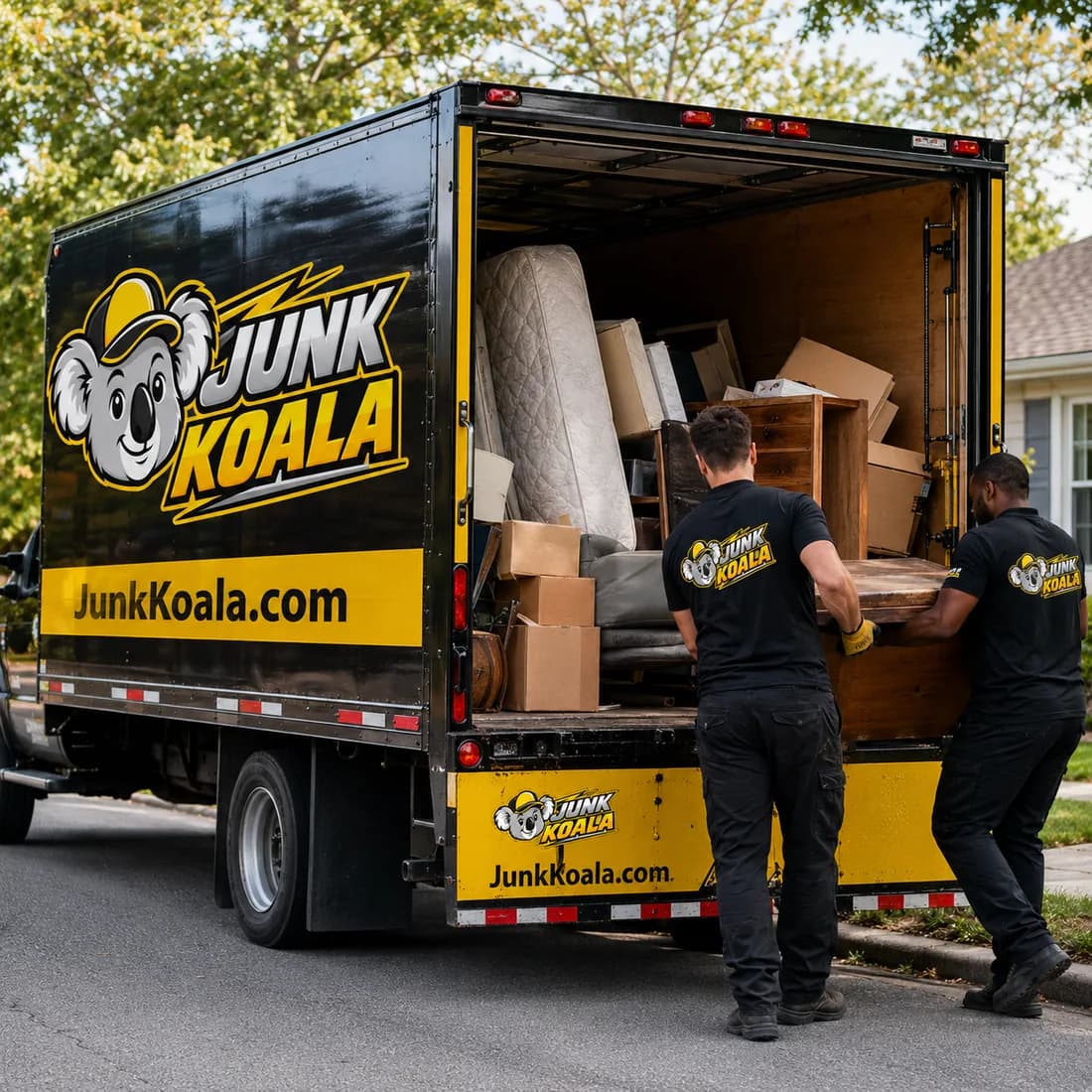 A Junk Koala team member carrying furniture out to the truck during a single-item pickup.