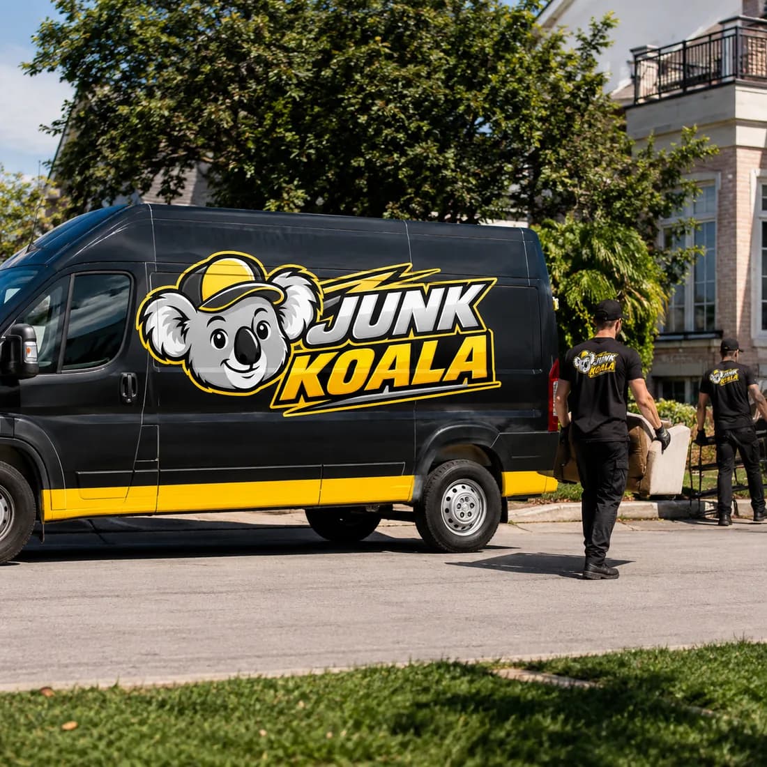 A Junk Koala crew carrying a sofa out to the van outside a residential property.