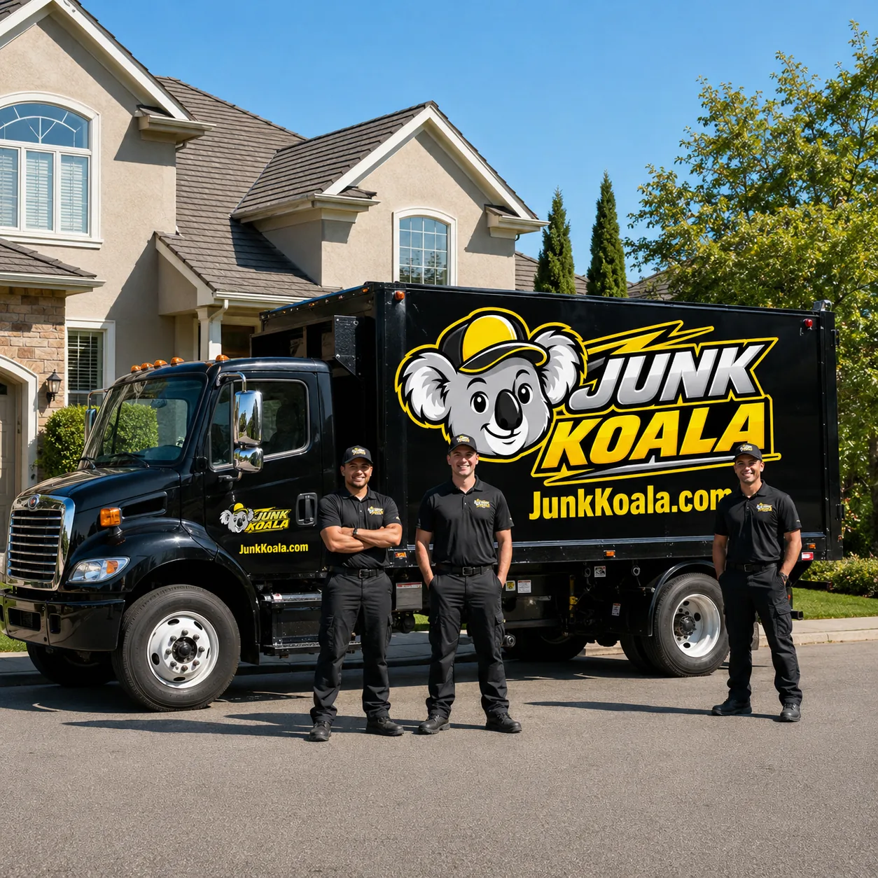 Three uniformed Junk Koala team members standing in front of a branded truck in a residential driveway.