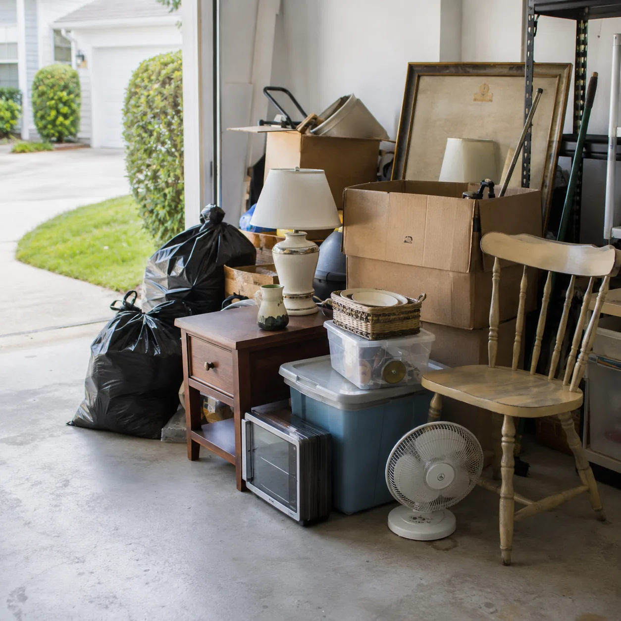 Bagged waste, a side table, storage bins, a lamp and a wooden chair stacked in a garage doorway for collection.